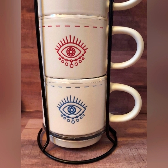SALE! NWT Boho Evil Eye Set Stackable Coffee Mugs/Tea Cups Metal Organizer Stand - Picture 11 of 16